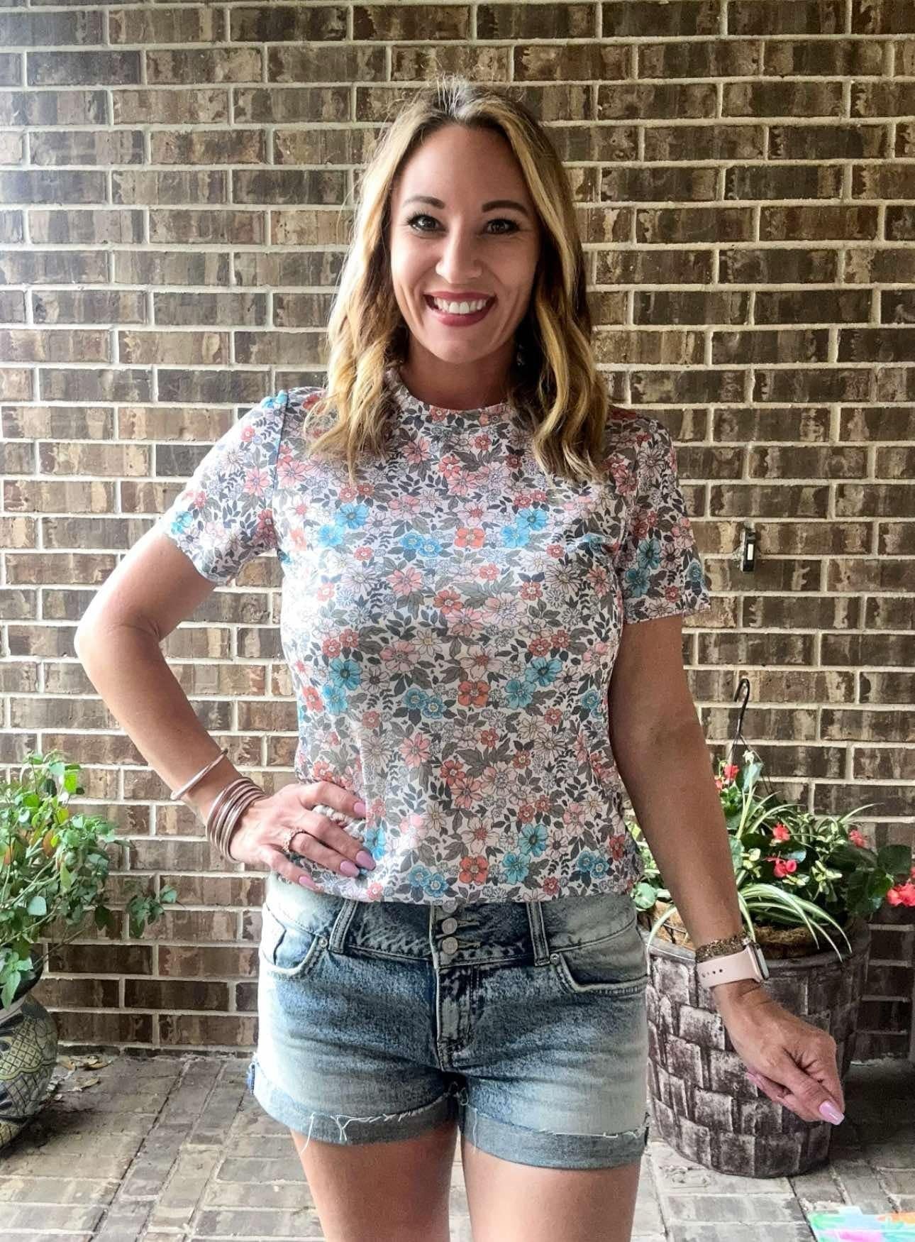 Reg/Plus- Whimsical Floral Mesh Top