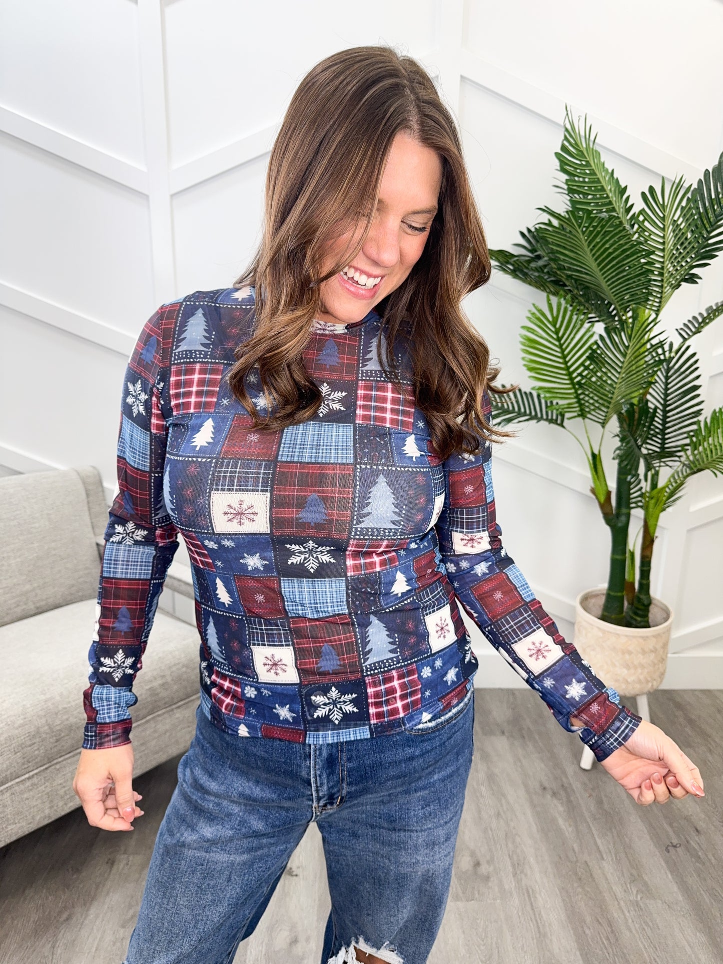 Reg/Plus-Winter Wonder Patchwork Mesh Top **Preorder**