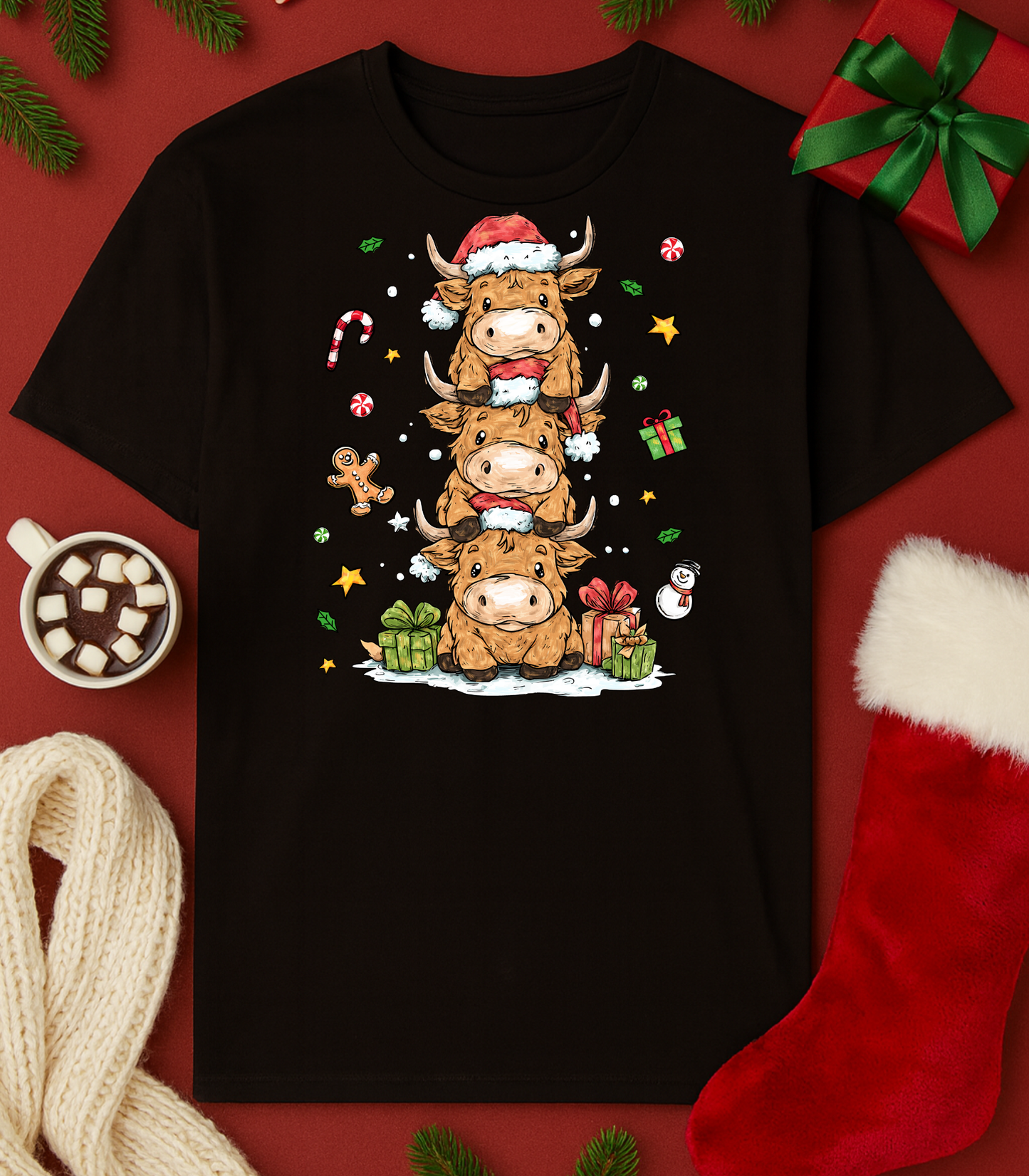 Holiday Highland Cow Stack Tee (4 Shirt Options)