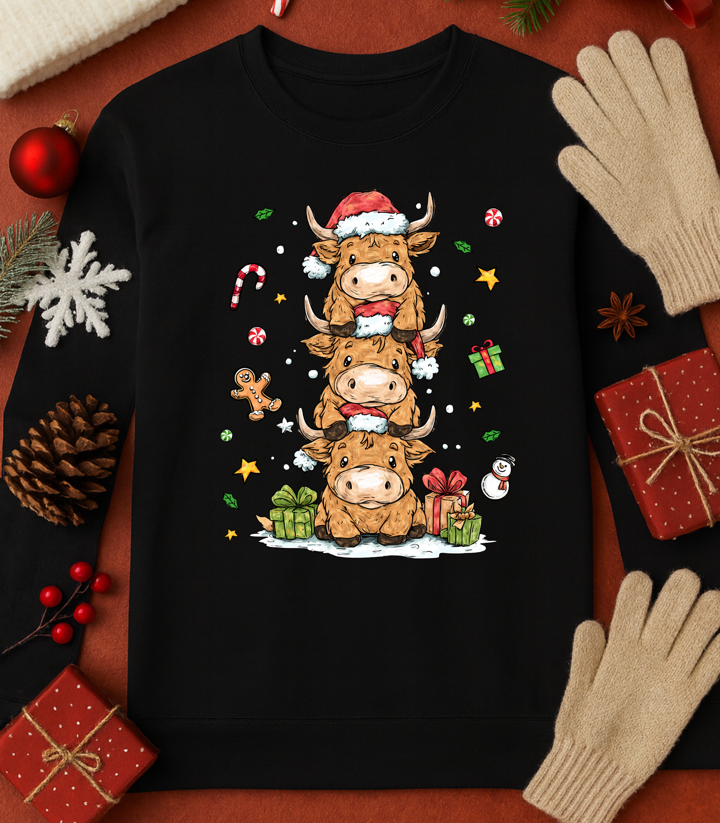 Holiday Highland Cow Stack Tee (4 Shirt Options)