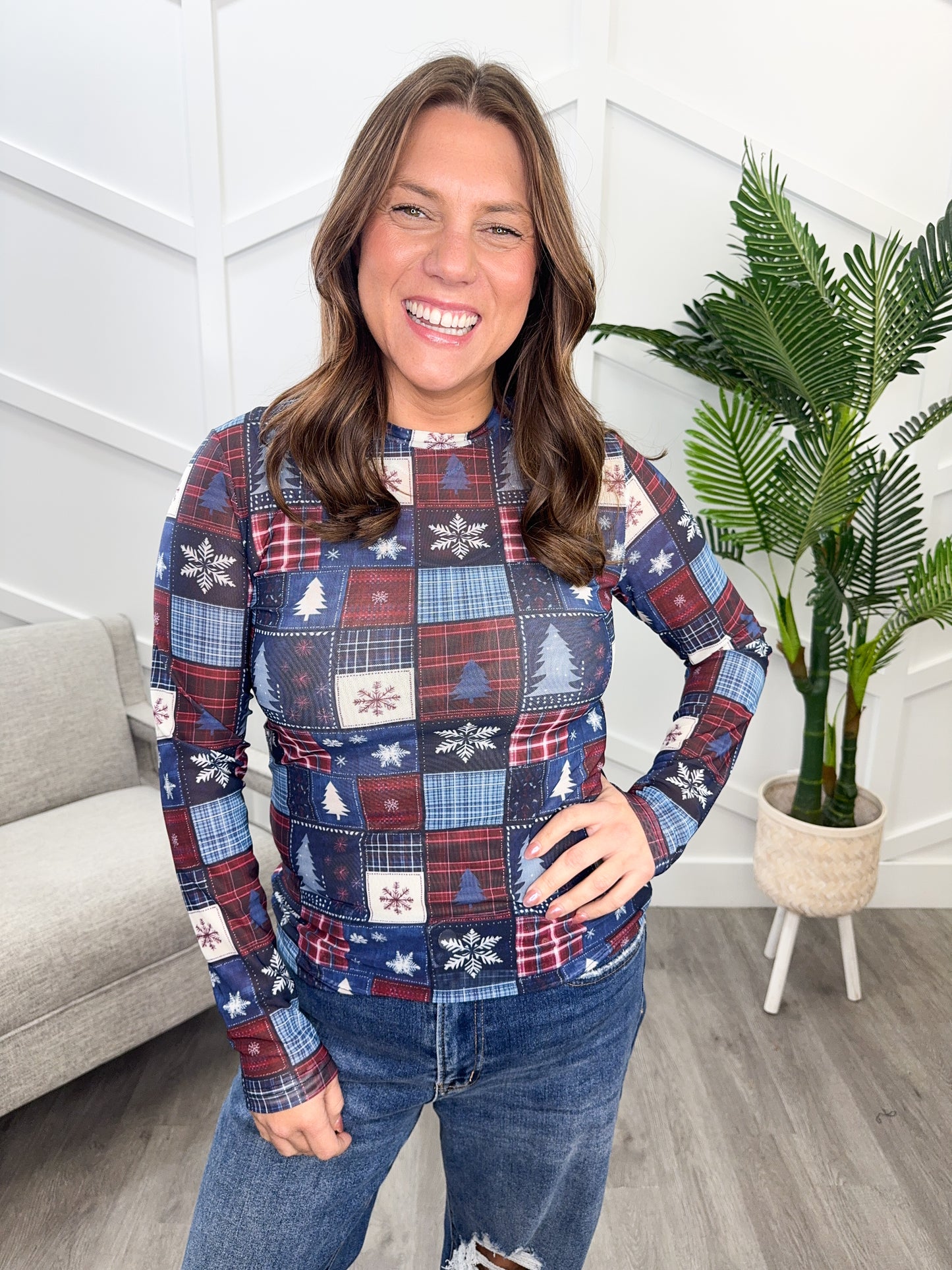 Reg/Plus-Winter Wonder Patchwork Mesh Top **Preorder**