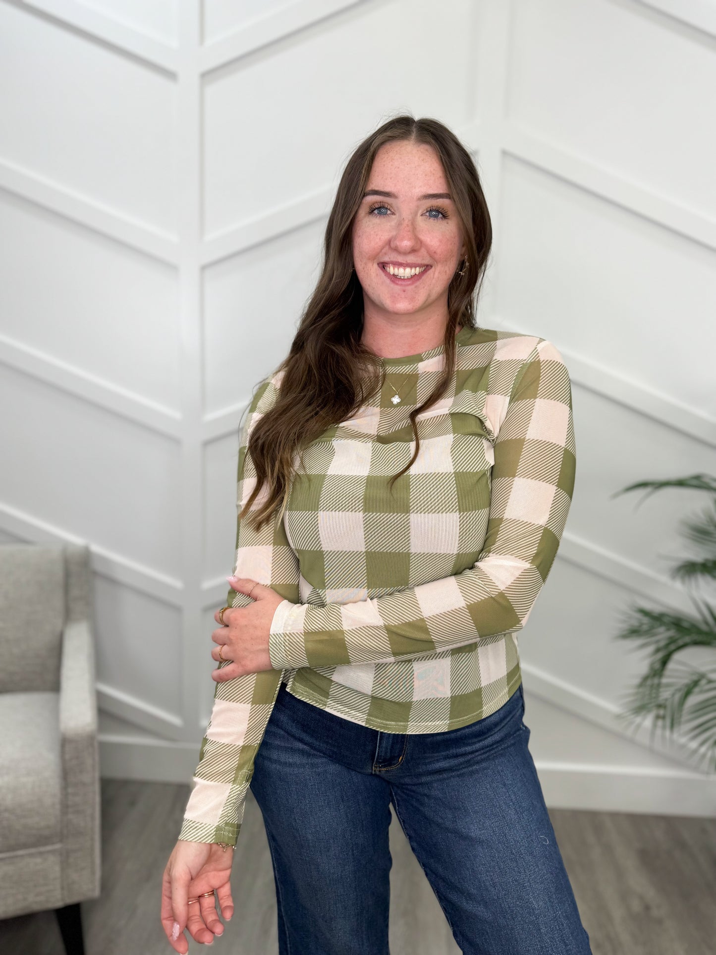 Reg/Plus-Plaid Crush Mesh Top