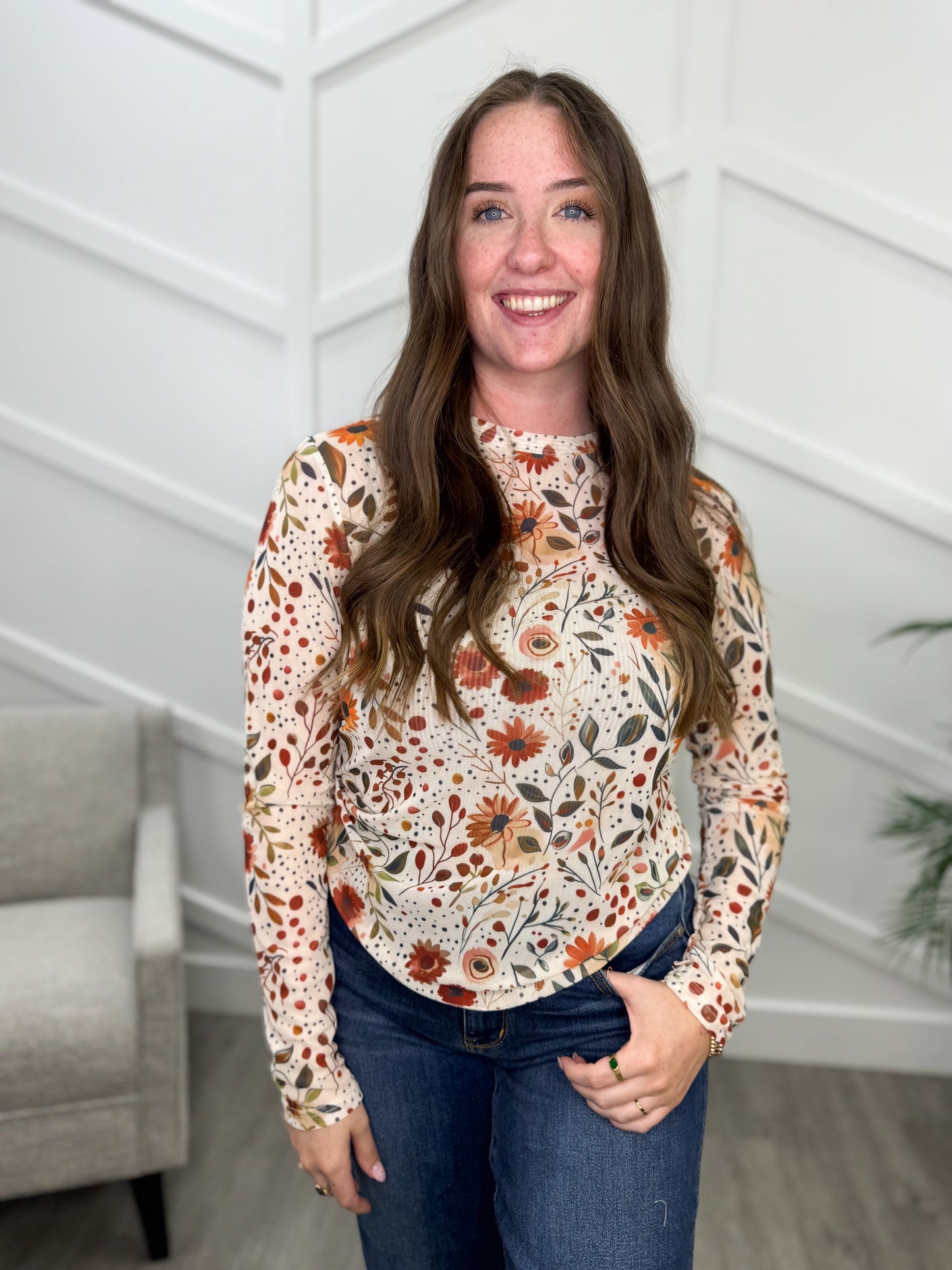 Reg/Plus-Autumn Bloom Mesh Top
