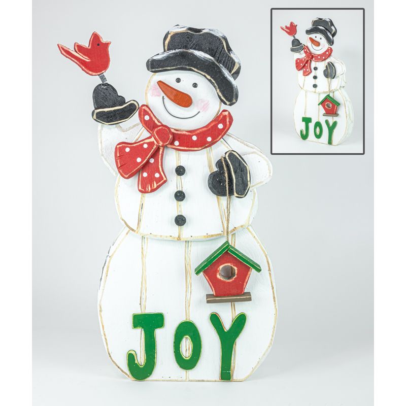 Joy Cardinal Wooden Snowman Stander