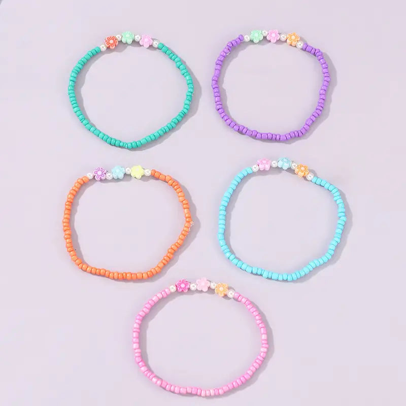 5pc Stackable Colorful Flower Beaded Anklet