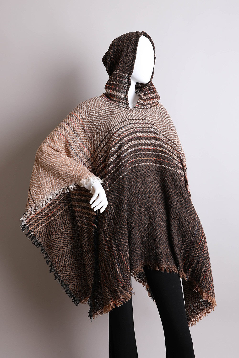 One Size-Herringbone Frayed Edge Poncho