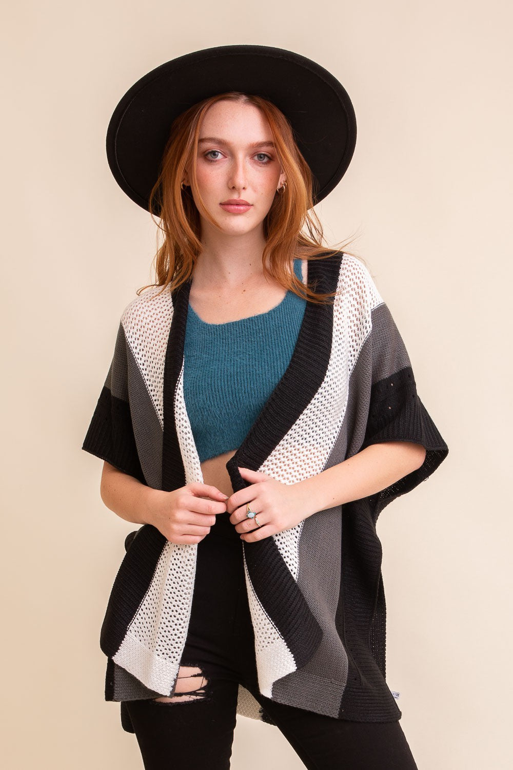 One Size- Striped Knit Poncho