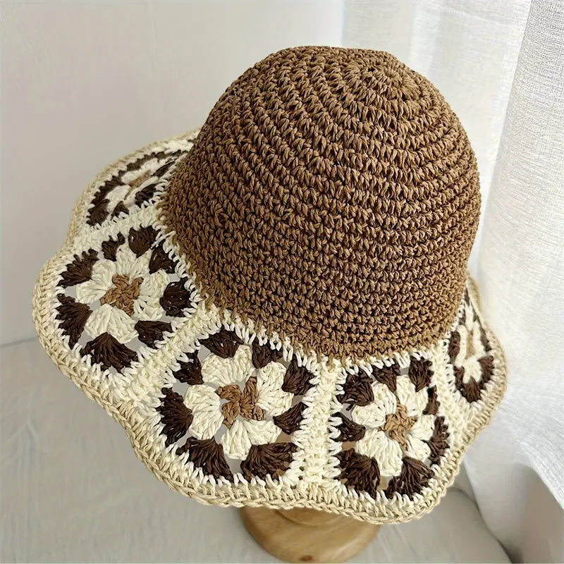 Handmade Knotted Straw Sun Hat Floral Brim