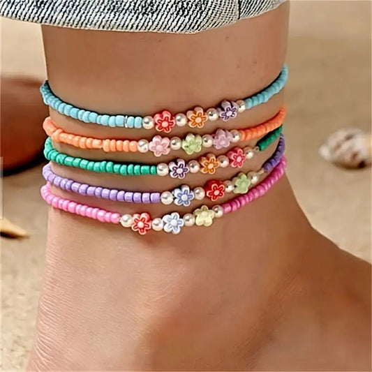 Colorful Flower Seed Bead Anklet Set