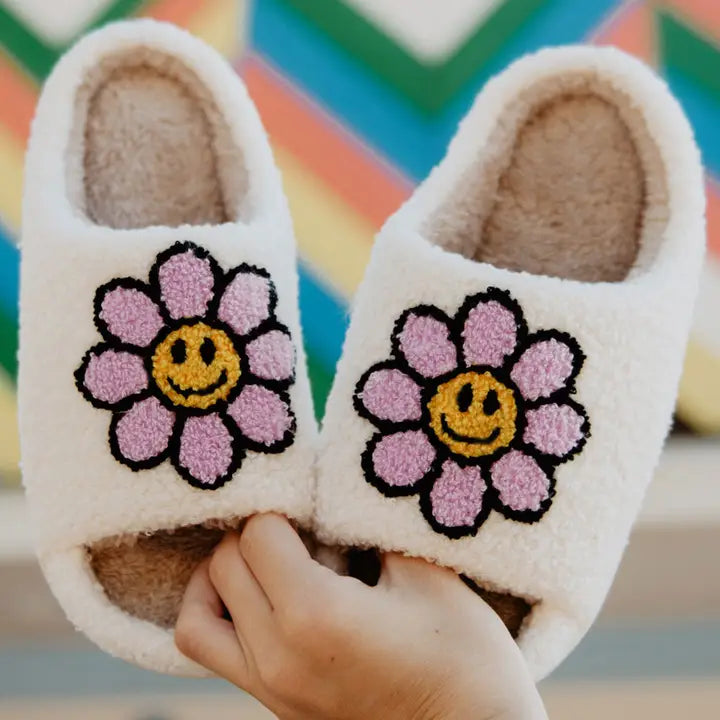 Sherpa Lavender Daisy Happy Face Open Toed Slippers