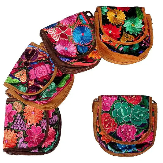 Round Embroidered Floral Leather "Lucy" Crossbody Purse Bag