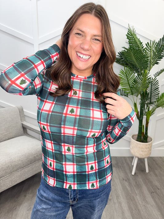 Reg/Plus-Oh Christmas Tree Plaid Mesh Top **Preorder**