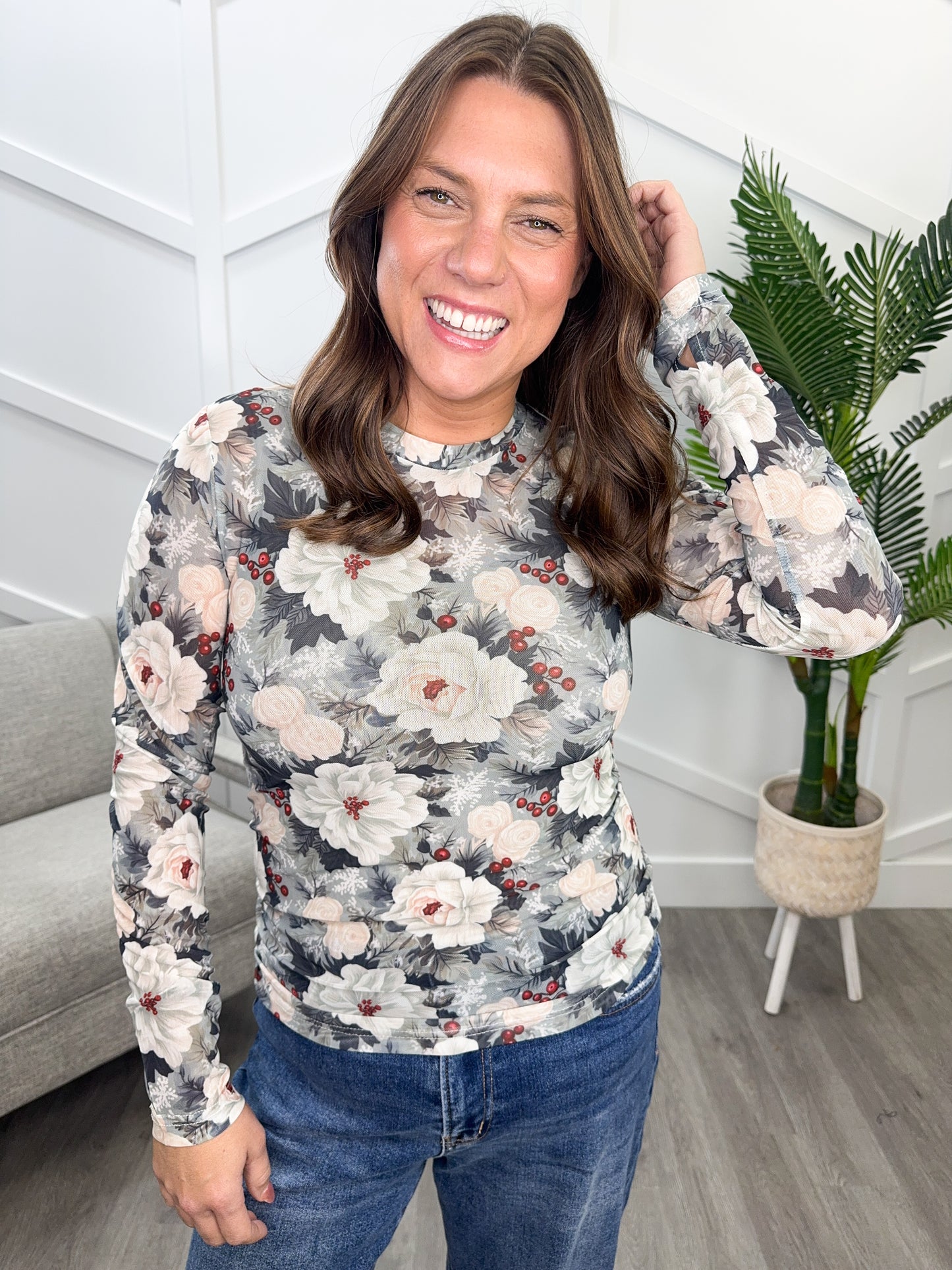 Reg/Plus-Winter Berry Blossoms Mesh Top **Preorder**