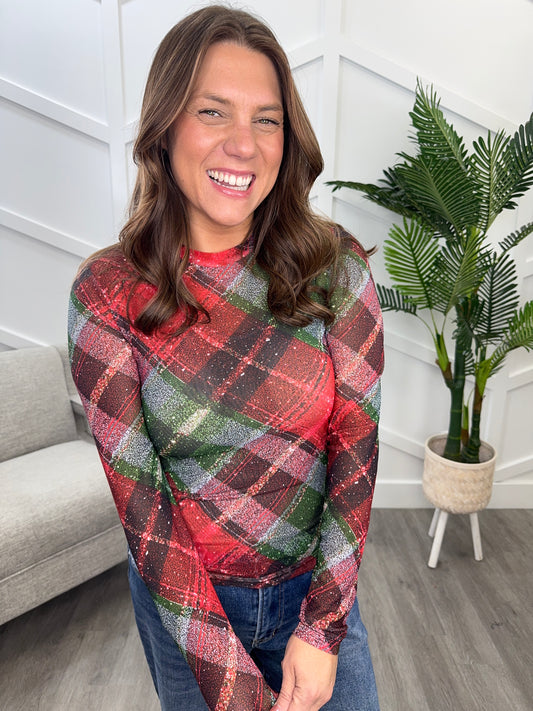 Reg/Plus-Shimmer Season Plaid Mesh Top **Preorder**