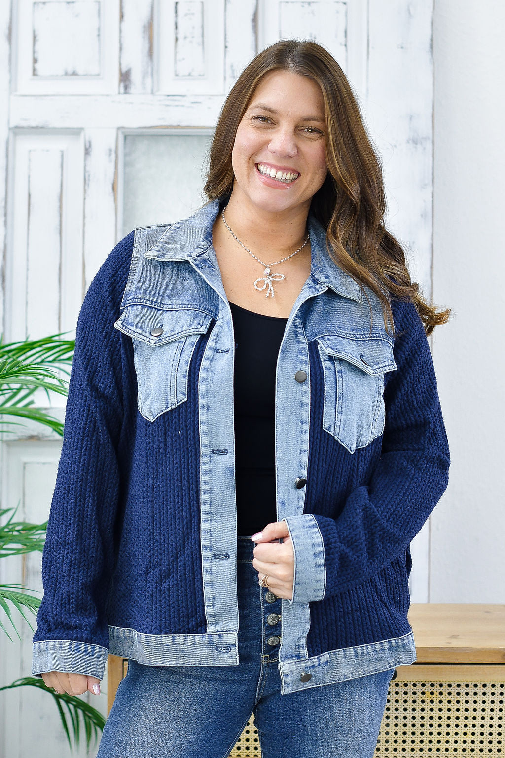 Reg/Plus-Style Me Chic Denim & Navy Knit Jacket