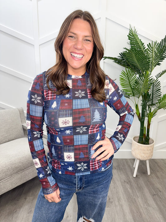 Reg/Plus-Winter Wonder Patchwork Mesh Top **Preorder**
