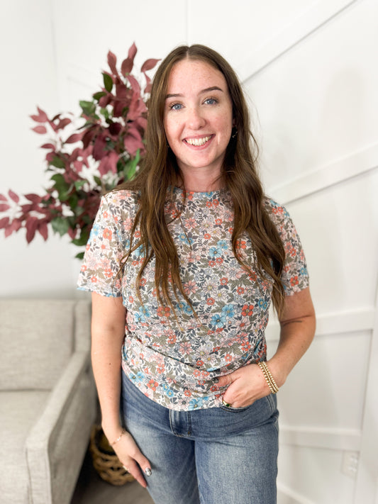 Reg/Plus- Whimsical Floral Mesh Top