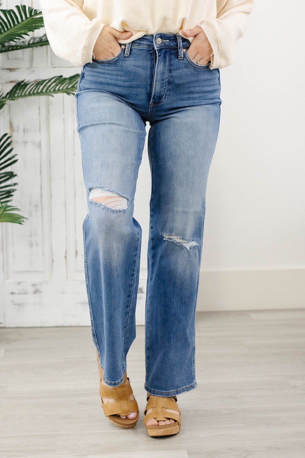 Hi Rise Tummy Control Distressed Knee Straight by Judy Blue