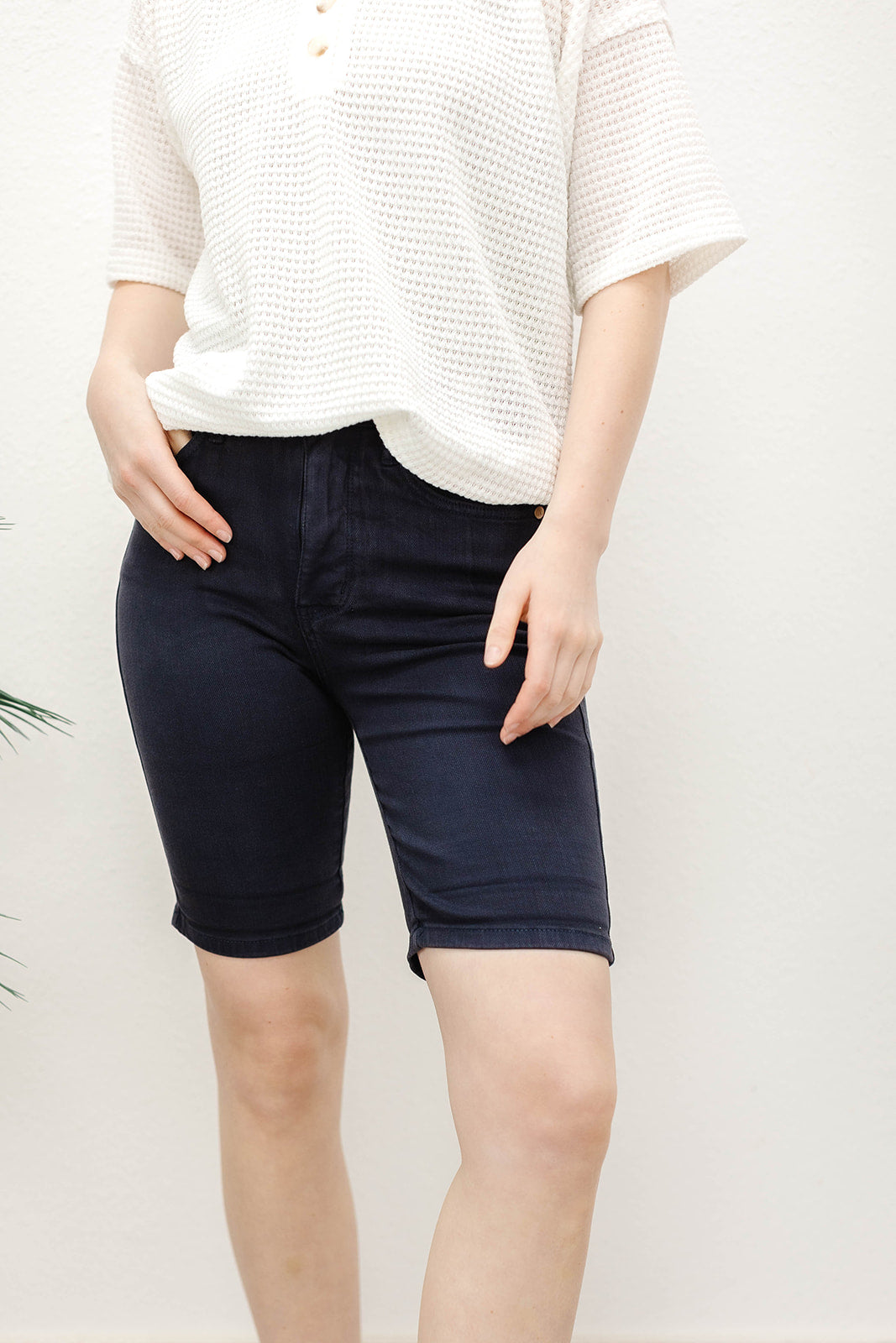 Hi- Waist Navy Tummy Control Bermuda Shorts By Judy Blue