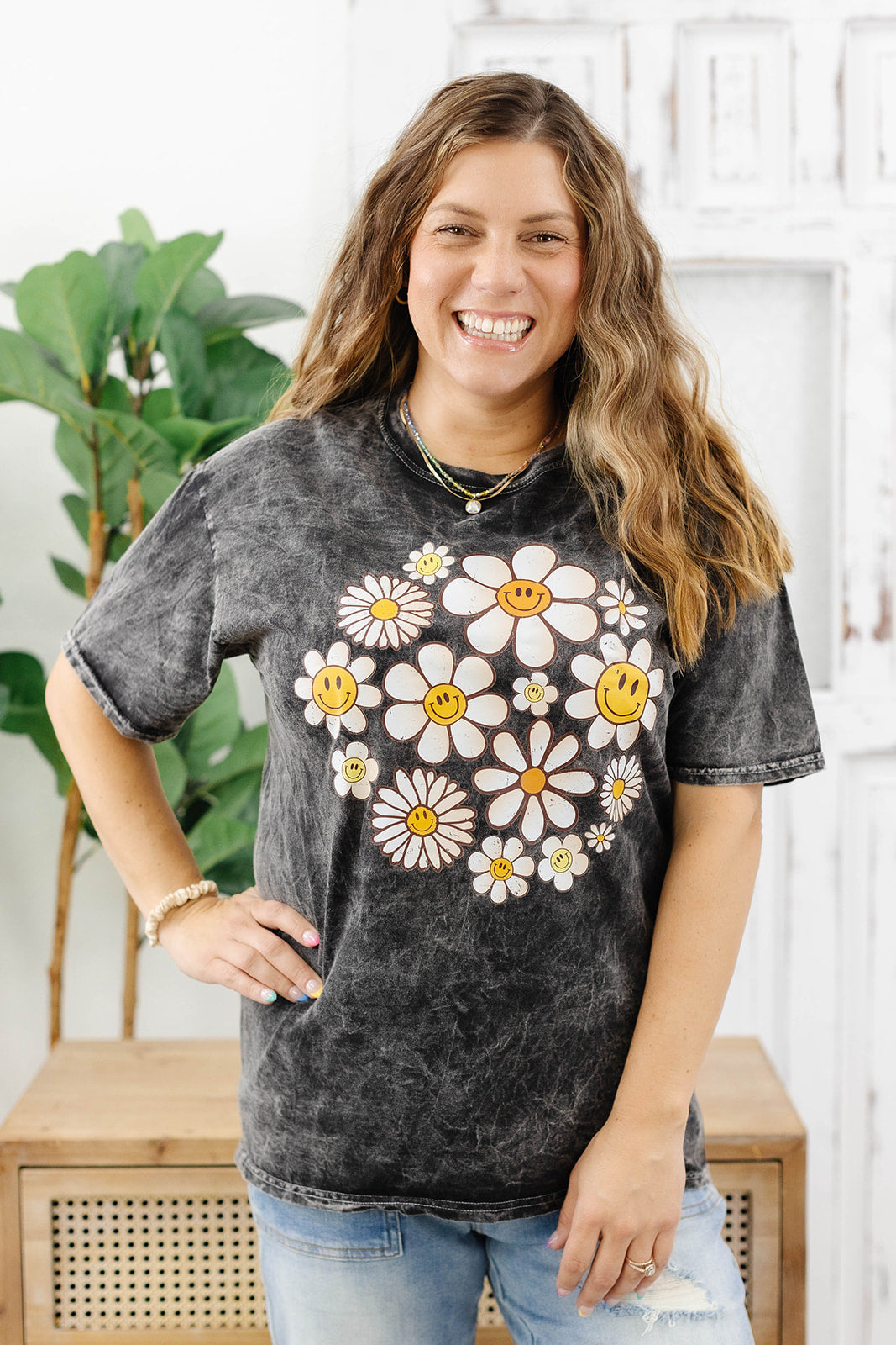 Reg/Plus- Happy Flowers Mineral Wash Tee