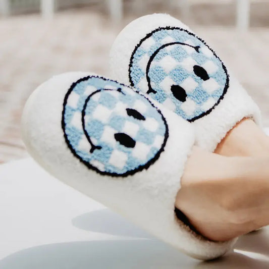 Sherpa Light Blue Checkered Happy Face Slippers