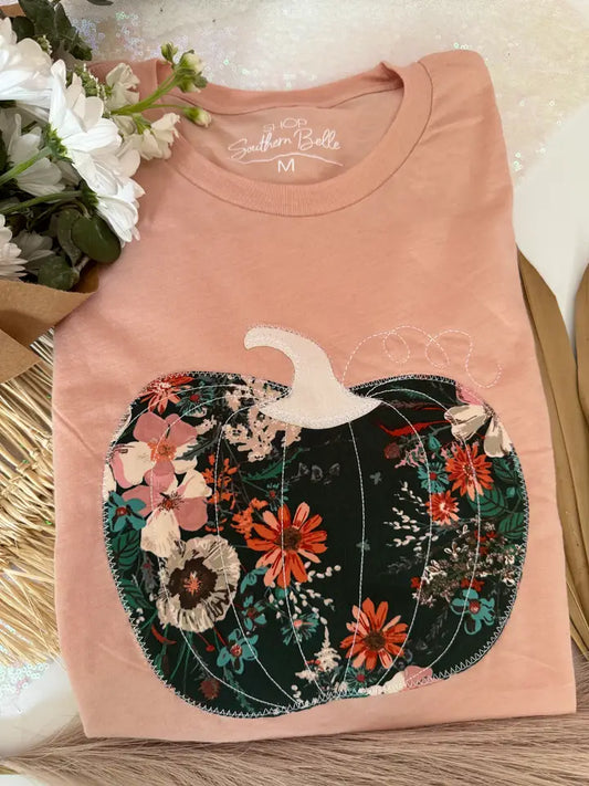 Reg/Plus- Peach Floral Pumpkin Tee