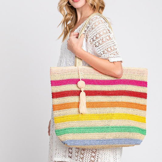 Multi Color Striped Straw Crochet Tote