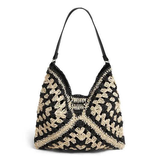 Two Toned Patterned Straw Bag
