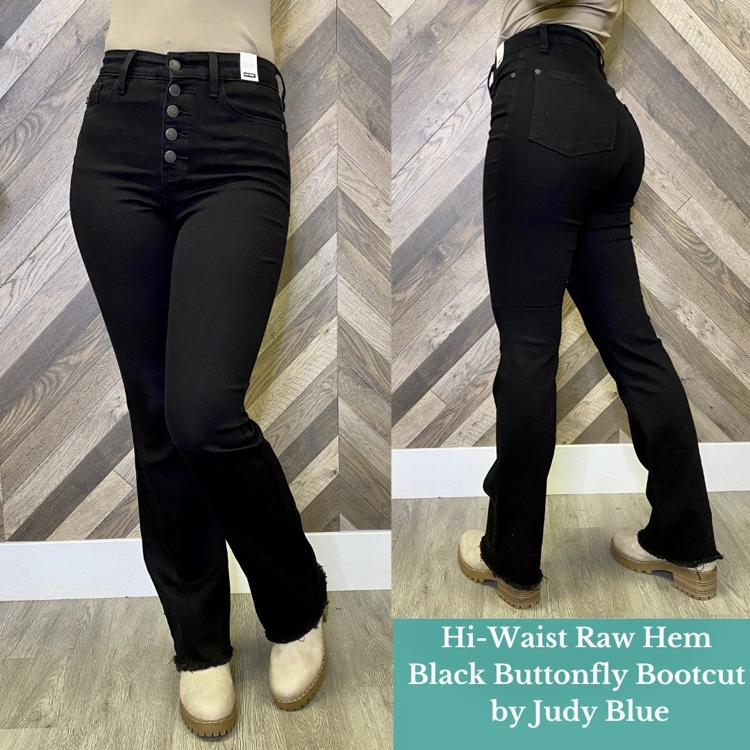 Hi Waist Raw Hem Black Buttonfly Bootcut by Judy Blue