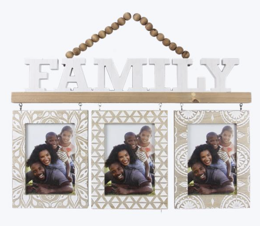 WOOD FAMILY WALL HANGING 5X7 TRIPLE PHOTO FRAME WITH BEAD HANGER