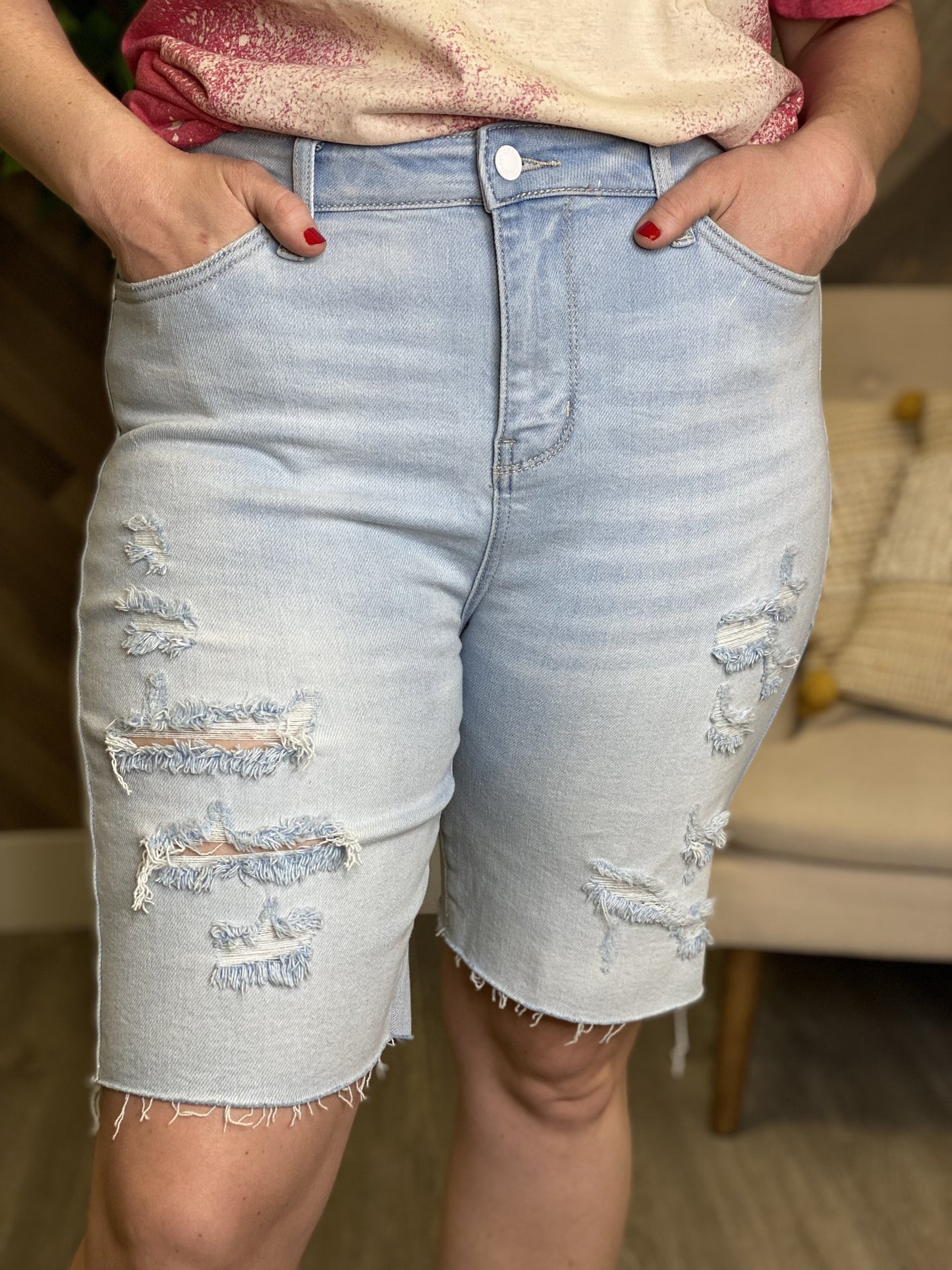 Hi-Rise Destroyed Cutoff Bermuda Shorts by Judy Blue *Final Sale*